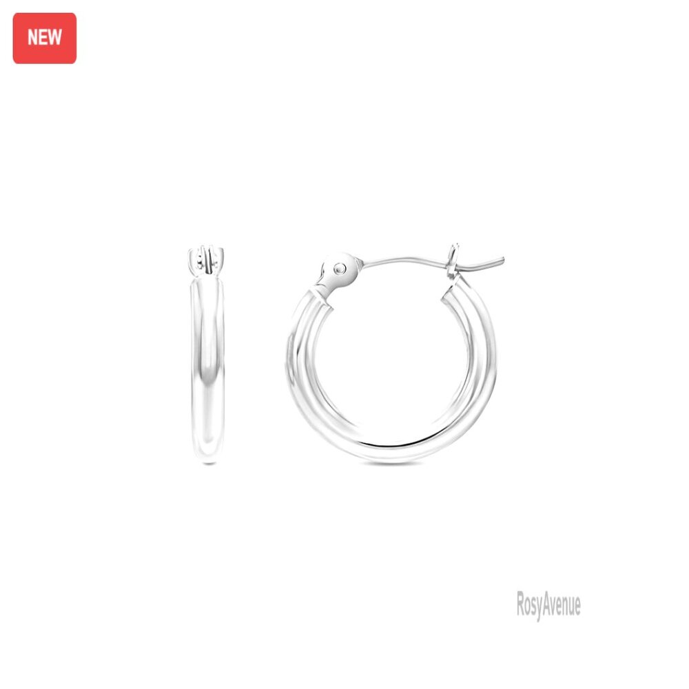 14k White Gold Small Hoop Earrings, 12mm Round, Hinged Closure
